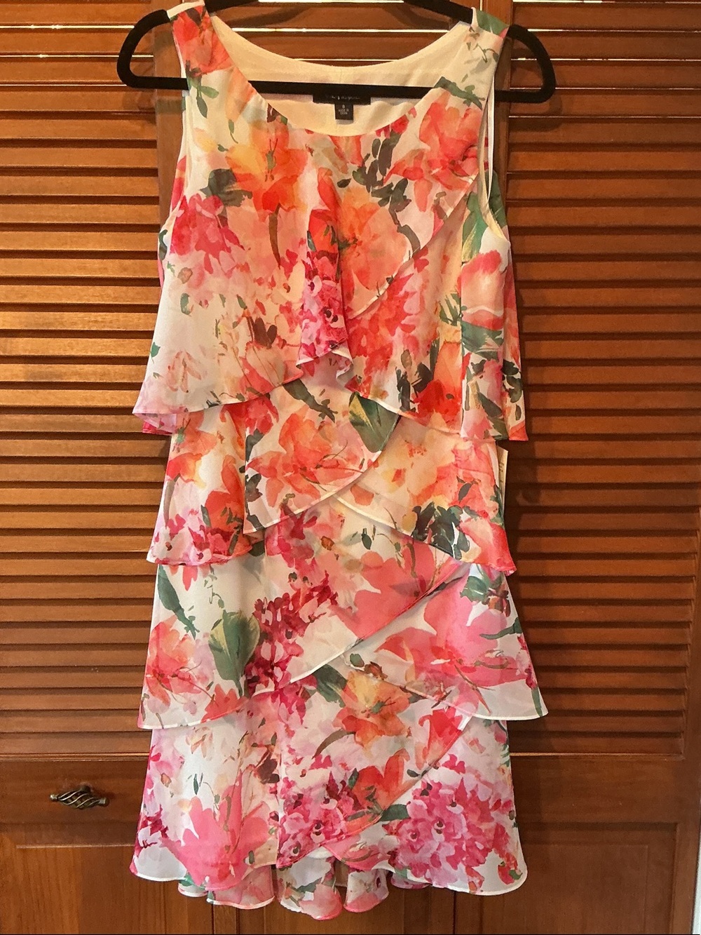 S.L. Fashions Floral Layered Ruffle Dress in White, Pink, Coral, Green